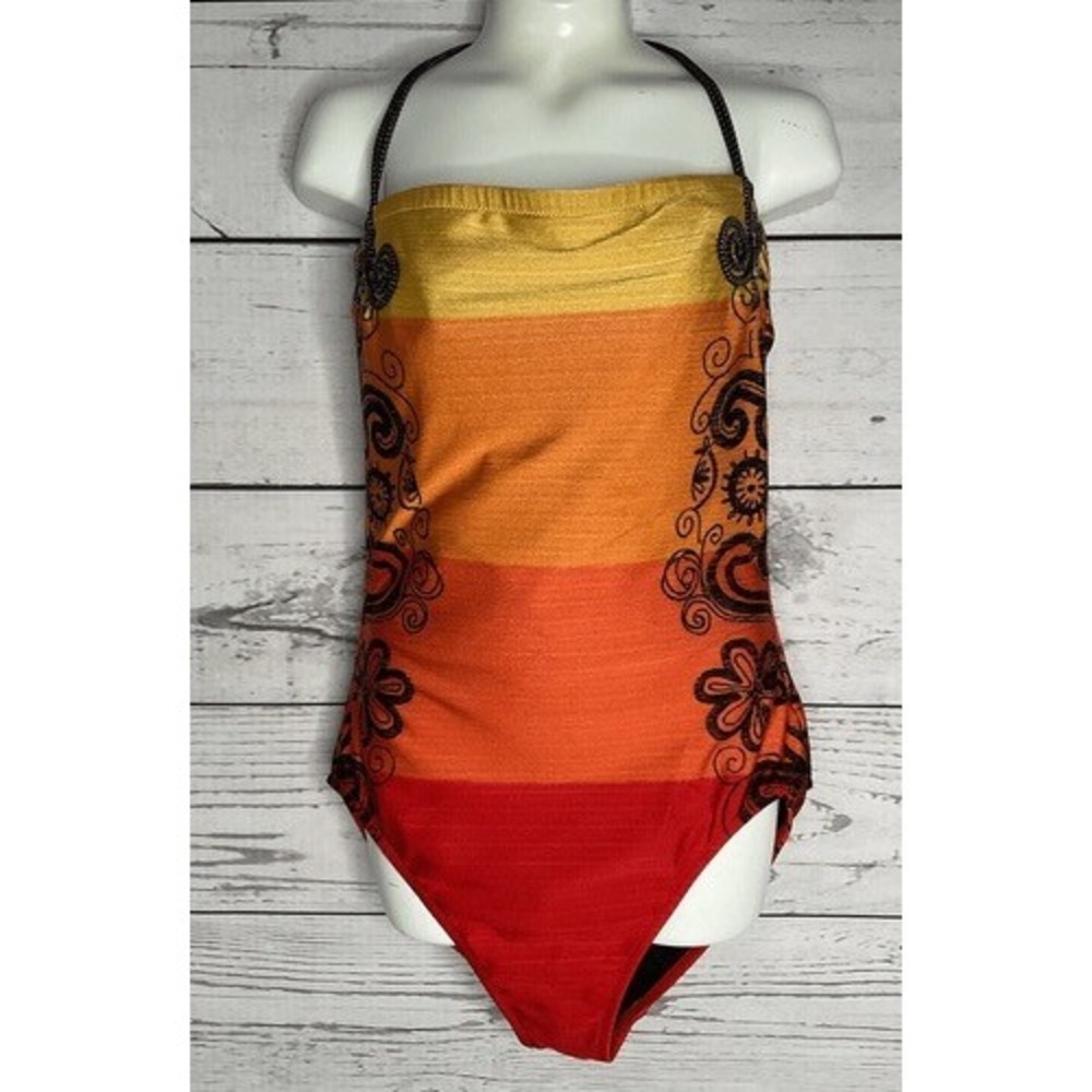 VTG Gideon Oberson Red/Orange Sunset One Piece Swimsuit Halter Women 10 Israel